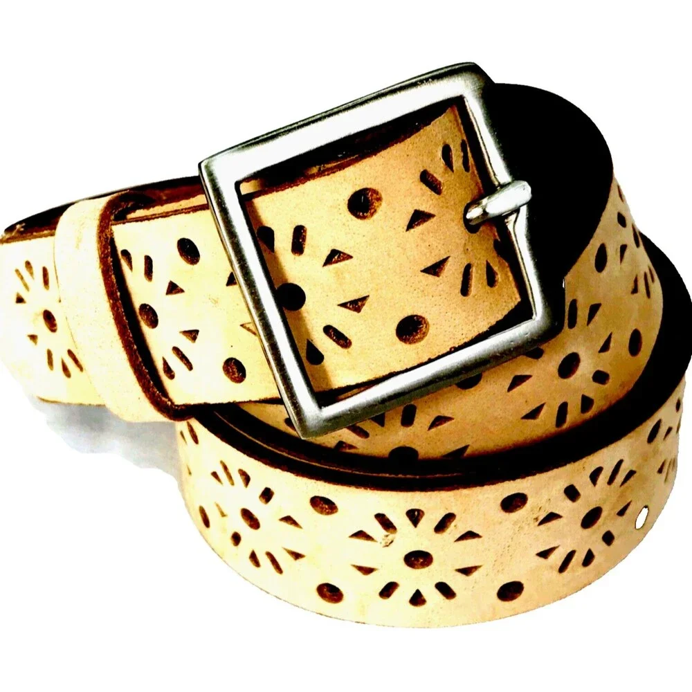 Leather Cut-Out Skinny Belt NEW M L Men Women Tan Beige 43 Waist 26 - 41